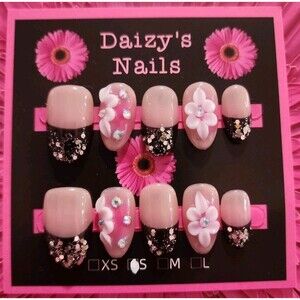 Small Size Black French 3D Flower Press-on Nail Set Handmade Oval 2.0 Cm Length